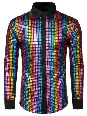 Men's Dress Shirt Sequins Button Down Long Sleeve Shirts Disco Party Costume