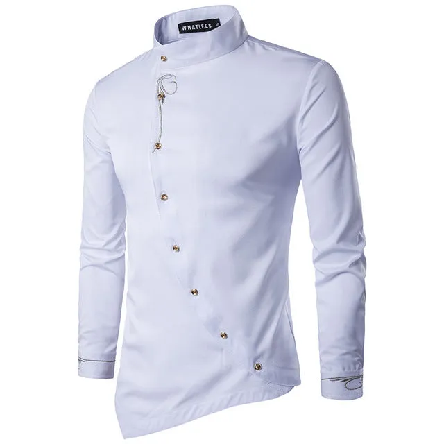 Men's Long Sleeved Shirt With Embroidery And Stand Collar