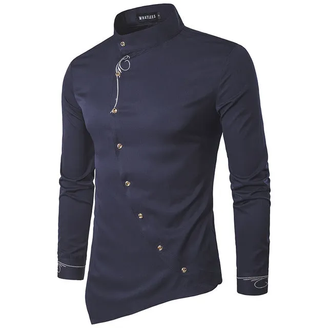 Men's Long Sleeved Shirt With Embroidery And Stand Collar