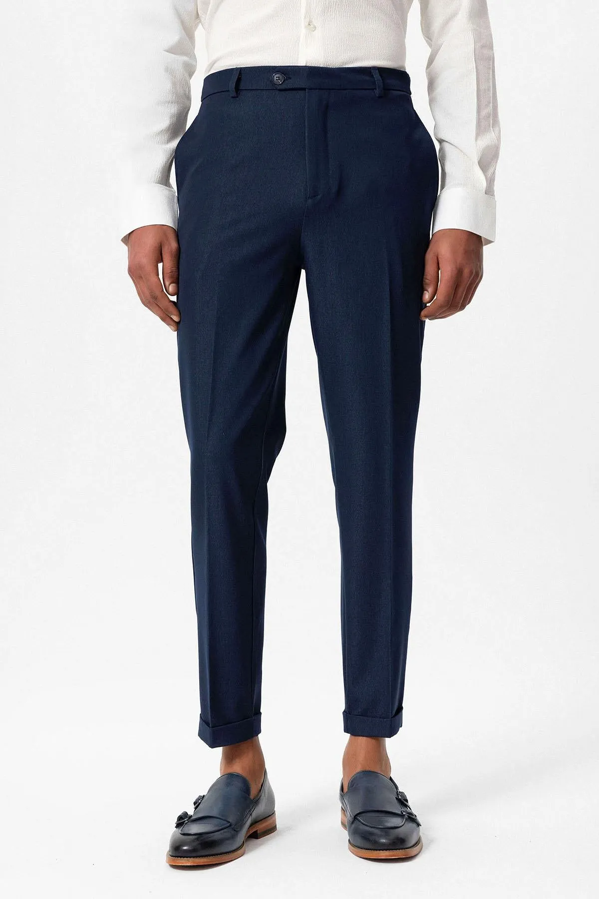 Men's Navy Blue Slim Fit Cuffed  Pants - Wessi