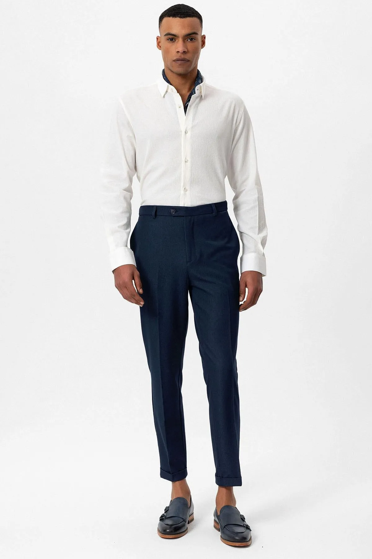 Men's Navy Blue Slim Fit Cuffed  Pants - Wessi