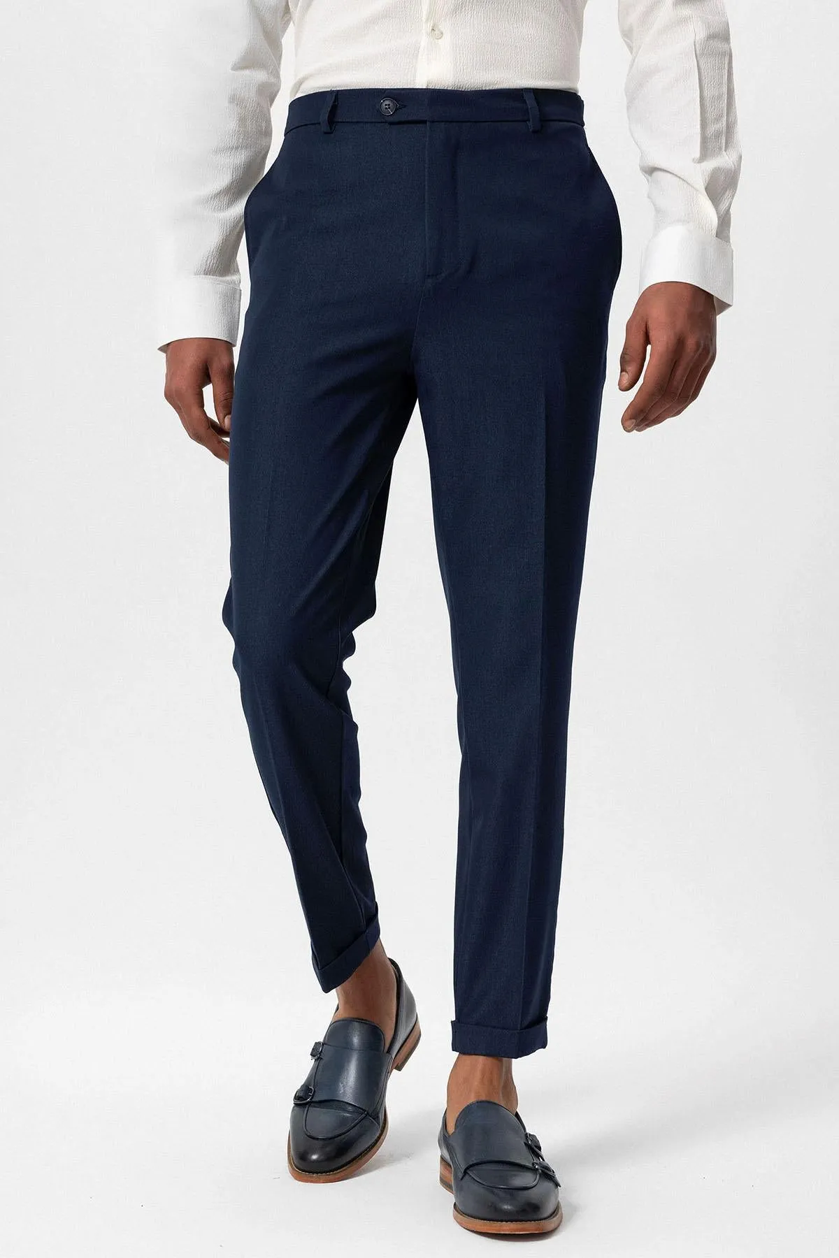 Men's Navy Blue Slim Fit Cuffed  Pants - Wessi