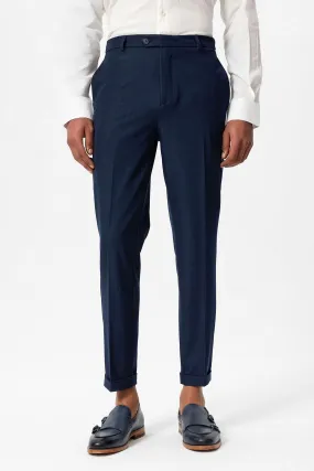 Men's Navy Blue Slim Fit Cuffed  Pants - Wessi