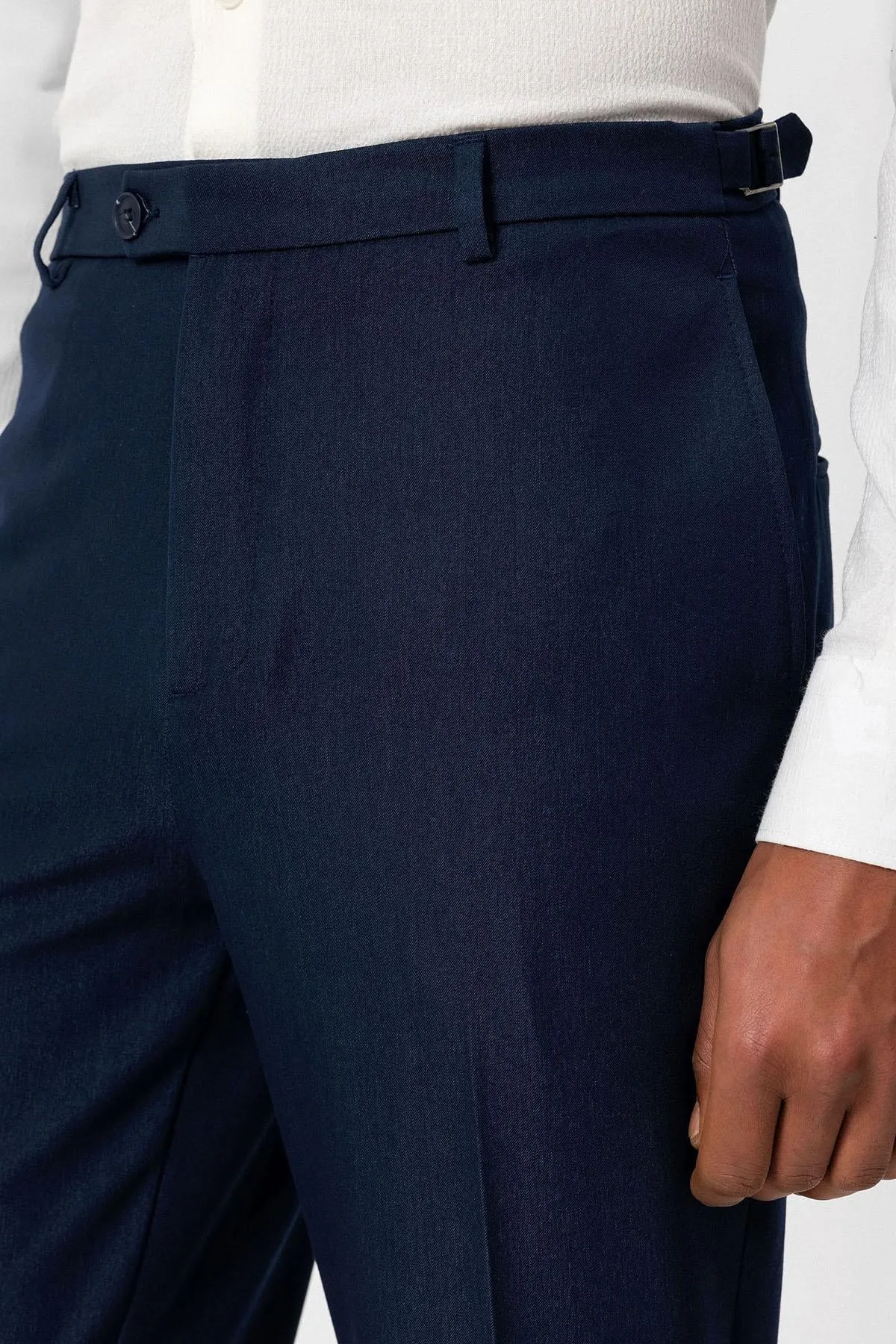 Men's Navy Blue Slim Fit Cuffed  Pants - Wessi