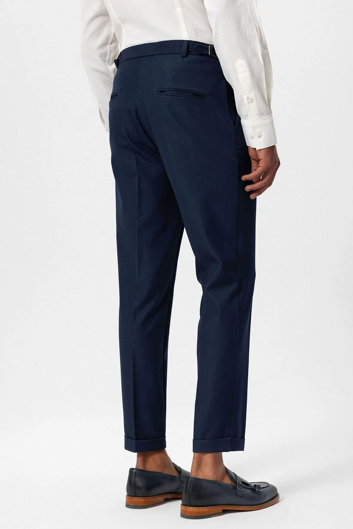 Men's Navy Blue Slim Fit Cuffed  Pants - Wessi
