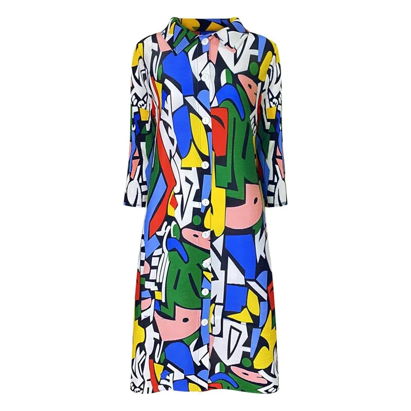Miyake Pleated Geometric Print Midi Dress