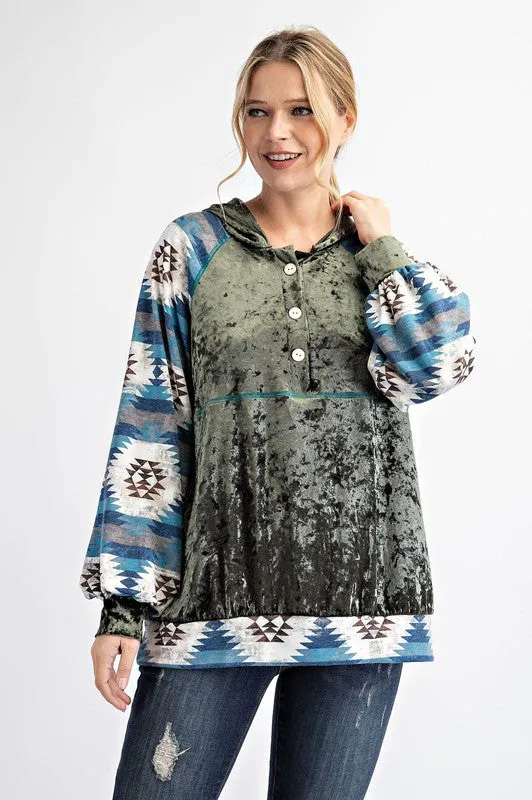 Olive/Teal Plus Size Velvet Tribal Contrast Hoodie