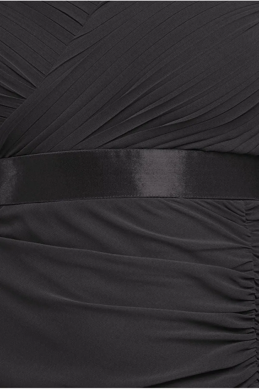 Pleated Bardot High Low Tier Chiffon Midaxi Dress - Black by Goddiva