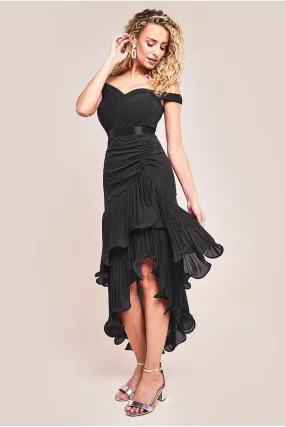 Pleated Bardot High Low Tier Chiffon Midaxi Dress - Black by Goddiva