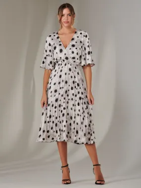 Pleated Wrap Midi Dress, White Polka Dot