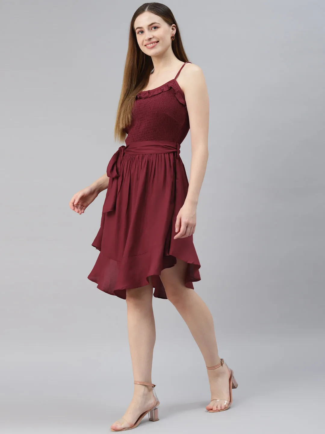 Red A-Line Smocked Pleated Dress