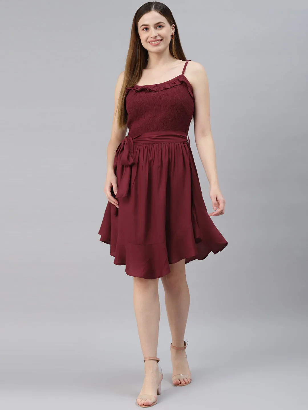 Red A-Line Smocked Pleated Dress