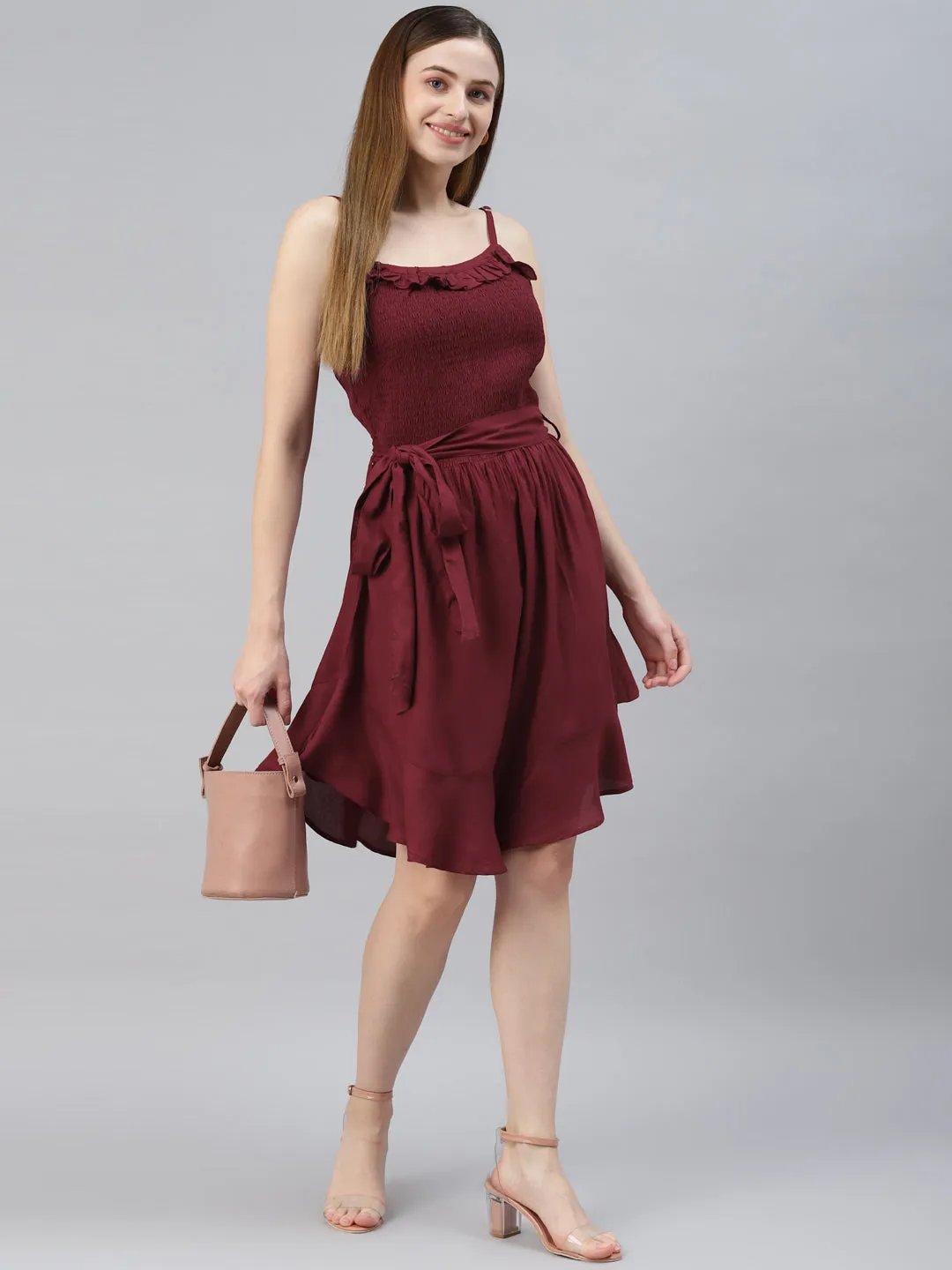 Red A-Line Smocked Pleated Dress