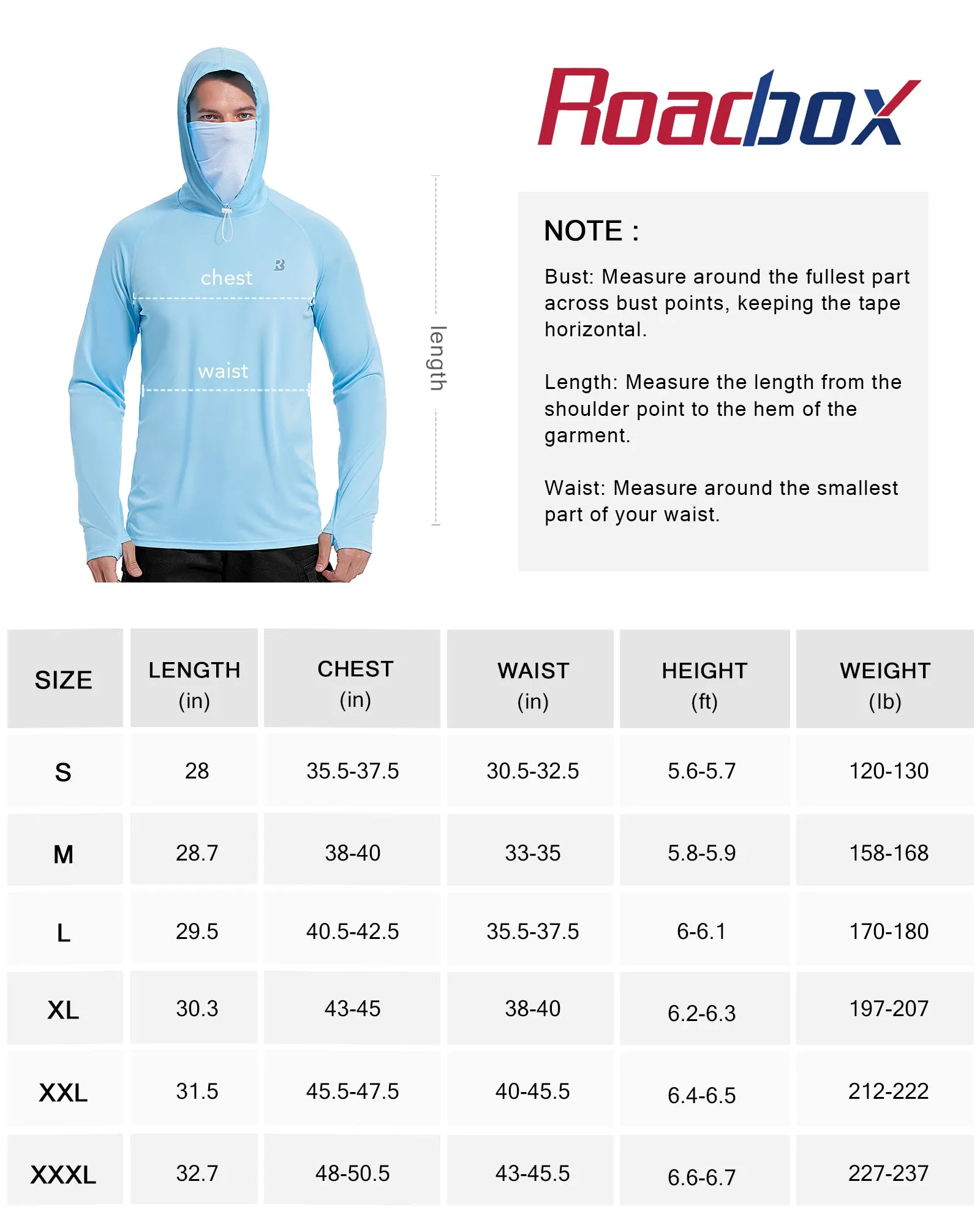 Roadbox Mens Waterproof UPF 50  Fishing Hoodie Shirt with Mesh Face Mask - Long Sleeve UV Sun Protection Thumbholes Diving Rash Guard for Outdoor Hiking Fishing