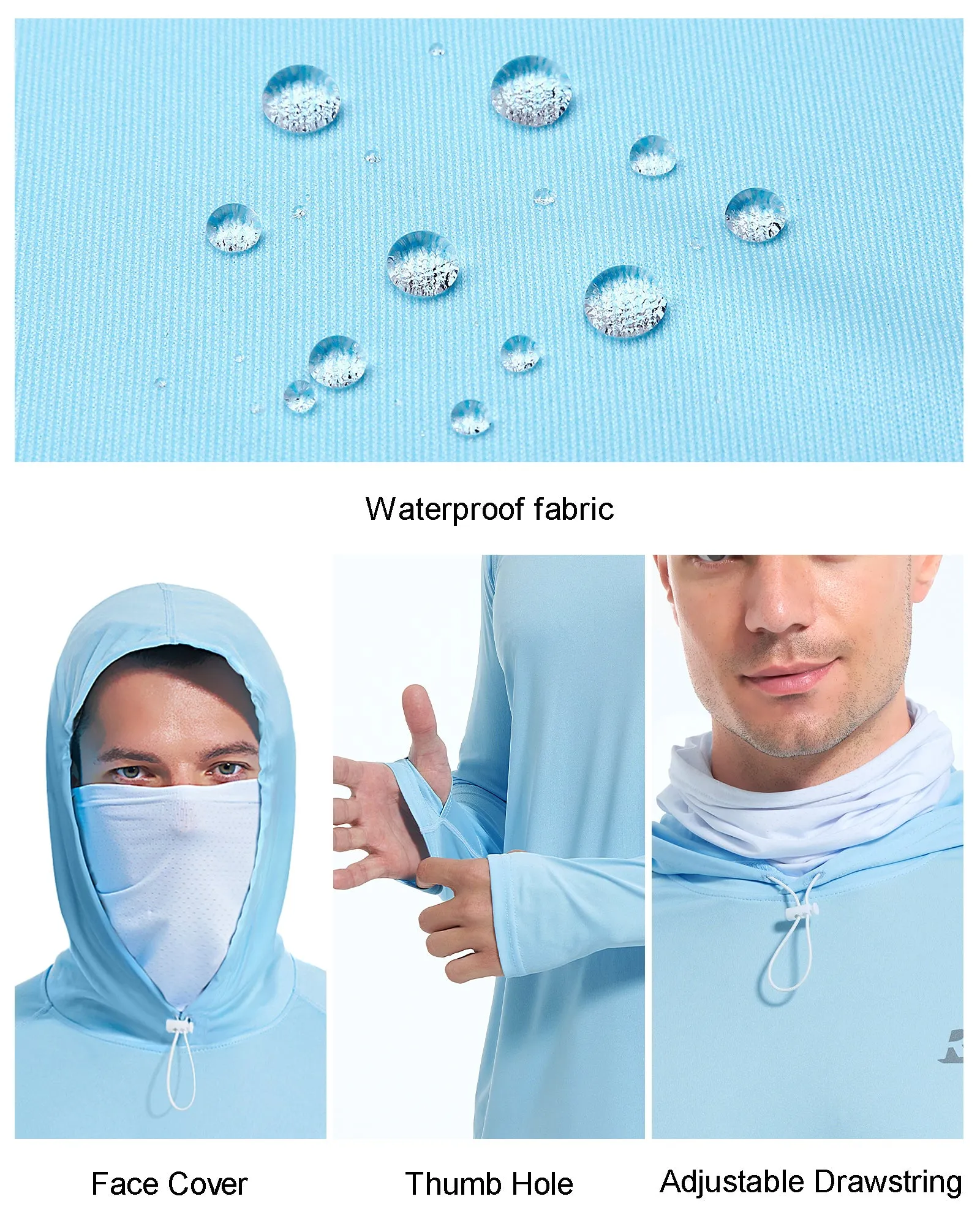 Roadbox Mens Waterproof UPF 50  Fishing Hoodie Shirt with Mesh Face Mask - Long Sleeve UV Sun Protection Thumbholes Diving Rash Guard for Outdoor Hiking Fishing