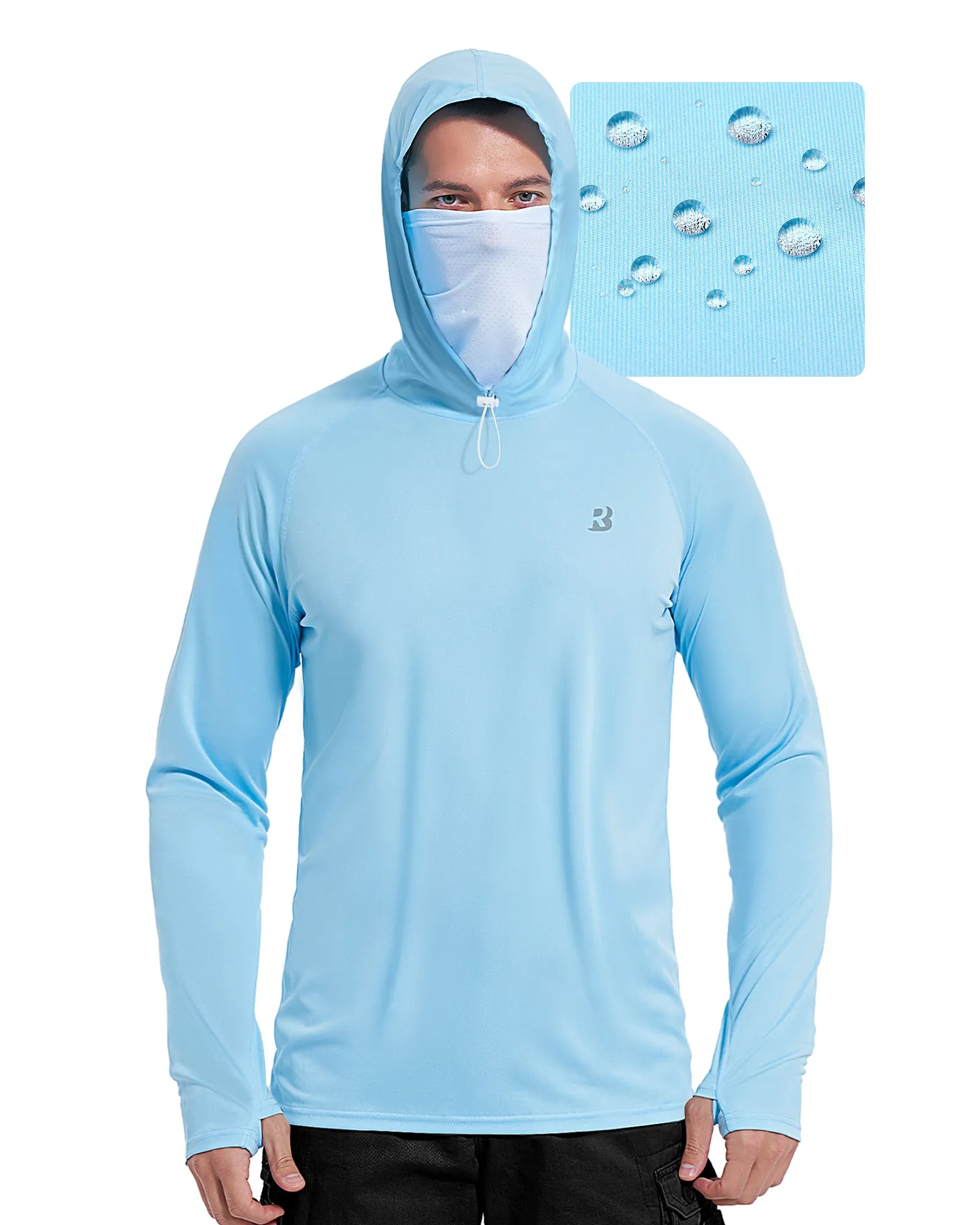 Roadbox Mens Waterproof UPF 50  Fishing Hoodie Shirt with Mesh Face Mask - Long Sleeve UV Sun Protection Thumbholes Diving Rash Guard for Outdoor Hiking Fishing