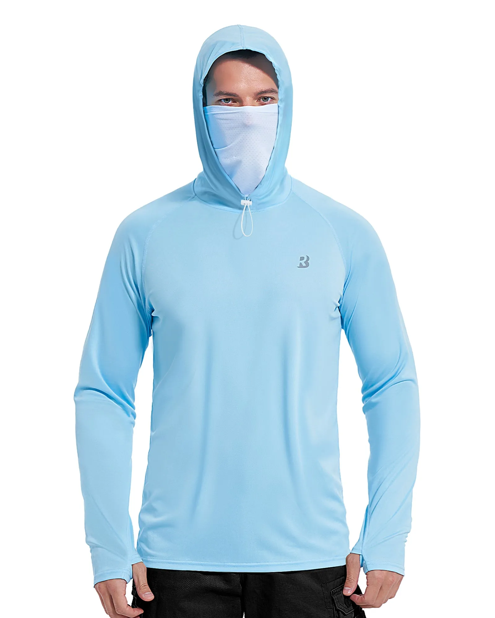 Roadbox Mens Waterproof UPF 50  Fishing Hoodie Shirt with Mesh Face Mask - Long Sleeve UV Sun Protection Thumbholes Diving Rash Guard for Outdoor Hiking Fishing