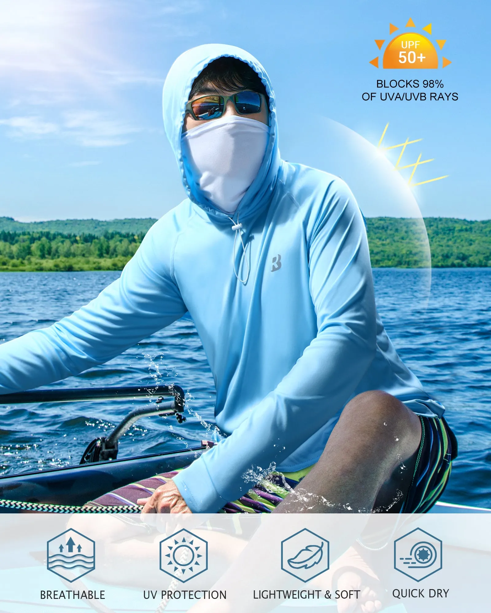 Roadbox Mens Waterproof UPF 50  Fishing Hoodie Shirt with Mesh Face Mask - Long Sleeve UV Sun Protection Thumbholes Diving Rash Guard for Outdoor Hiking Fishing