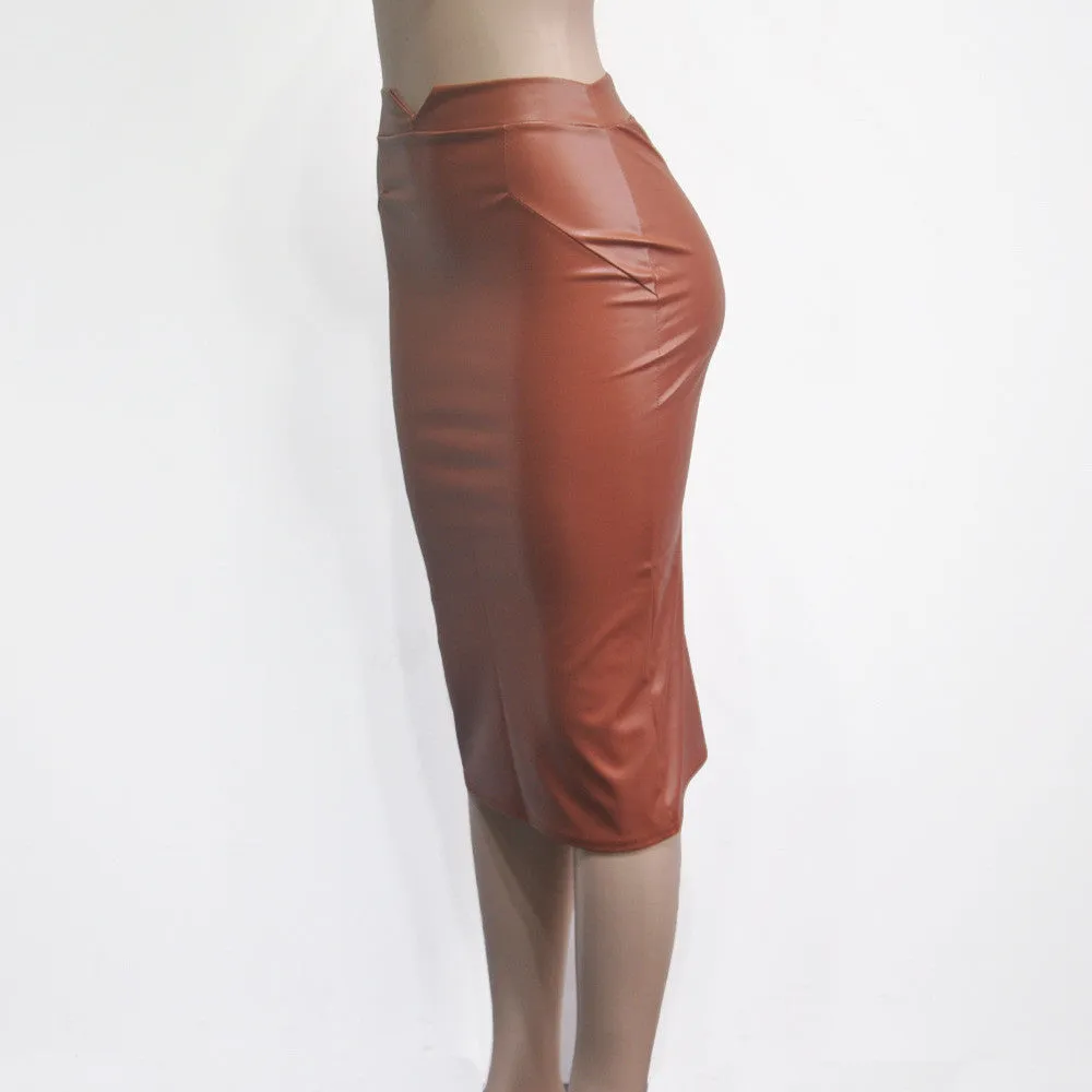Sexy PU Add Wool Knee-Length Slim Skirt