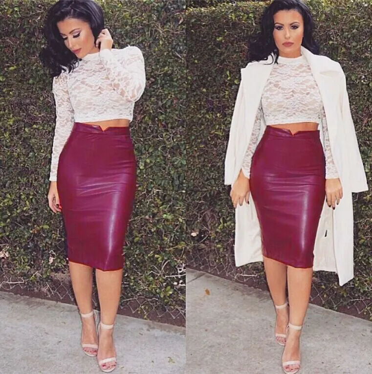 Sexy PU Add Wool Knee-Length Slim Skirt