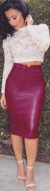 Sexy PU Add Wool Knee-Length Slim Skirt