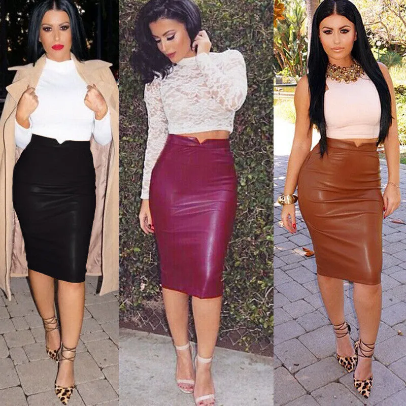 Sexy PU Add Wool Knee-Length Slim Skirt