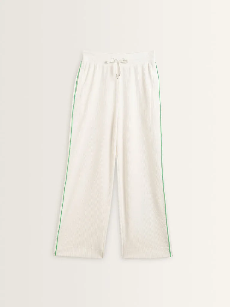 Studiofit White Ribbed Mid-Rise Cotton Blend Track Pants