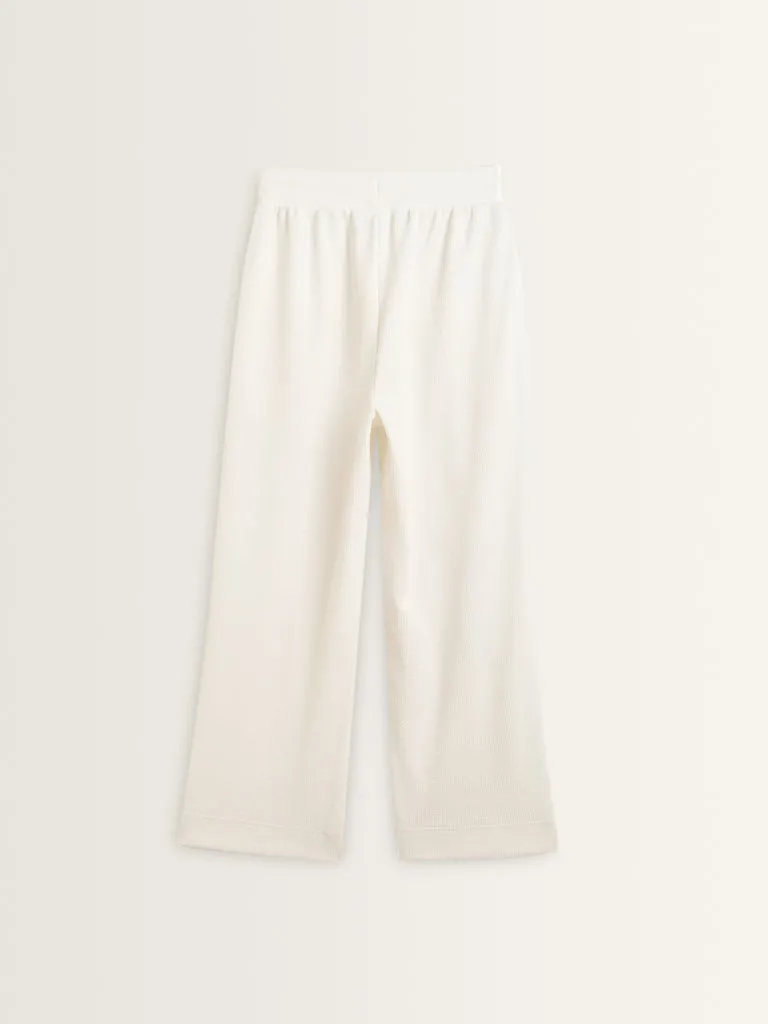 Studiofit White Ribbed Mid-Rise Cotton Blend Track Pants