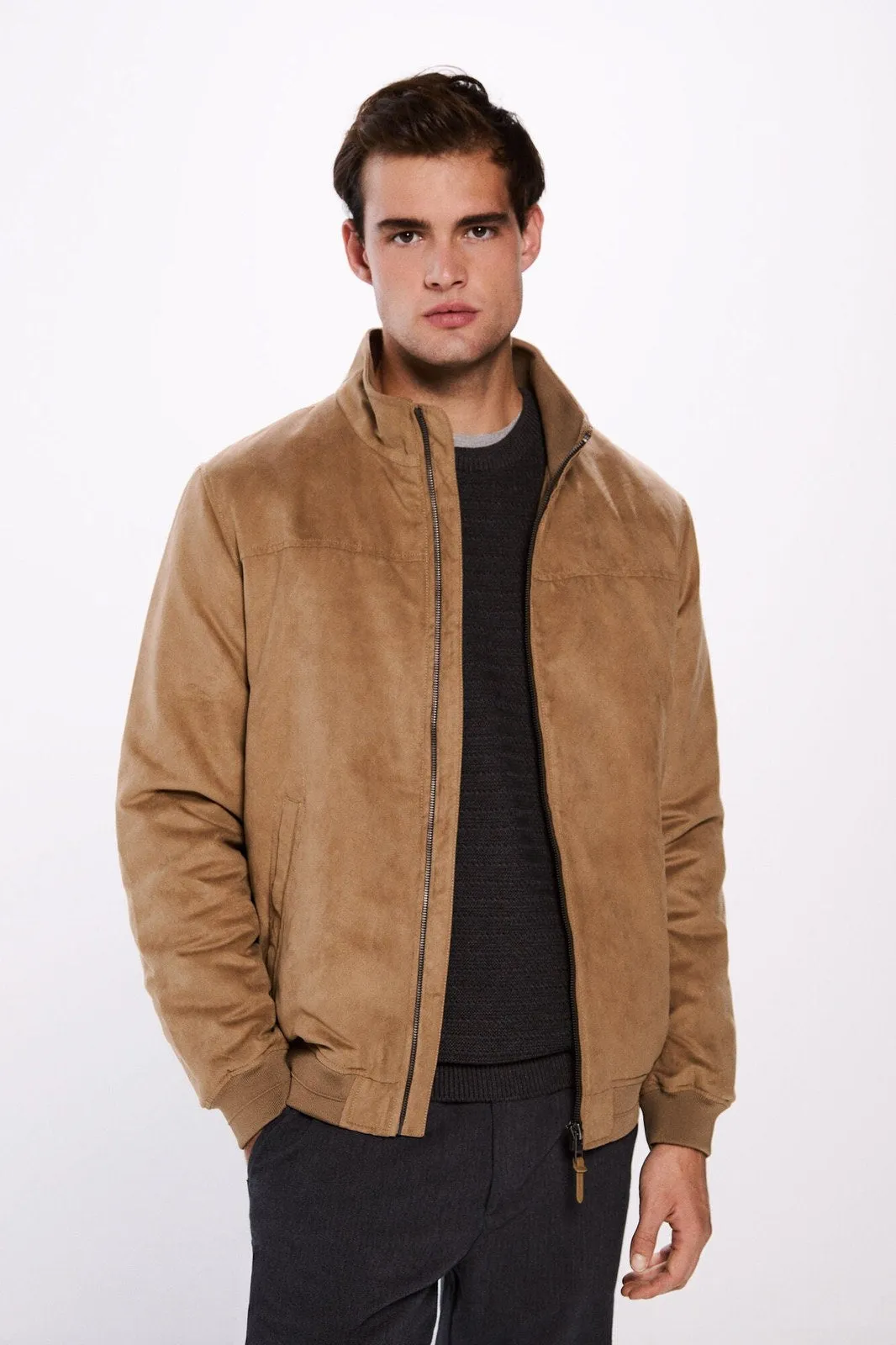 Suede effect quilted jacket - Blue / Camel