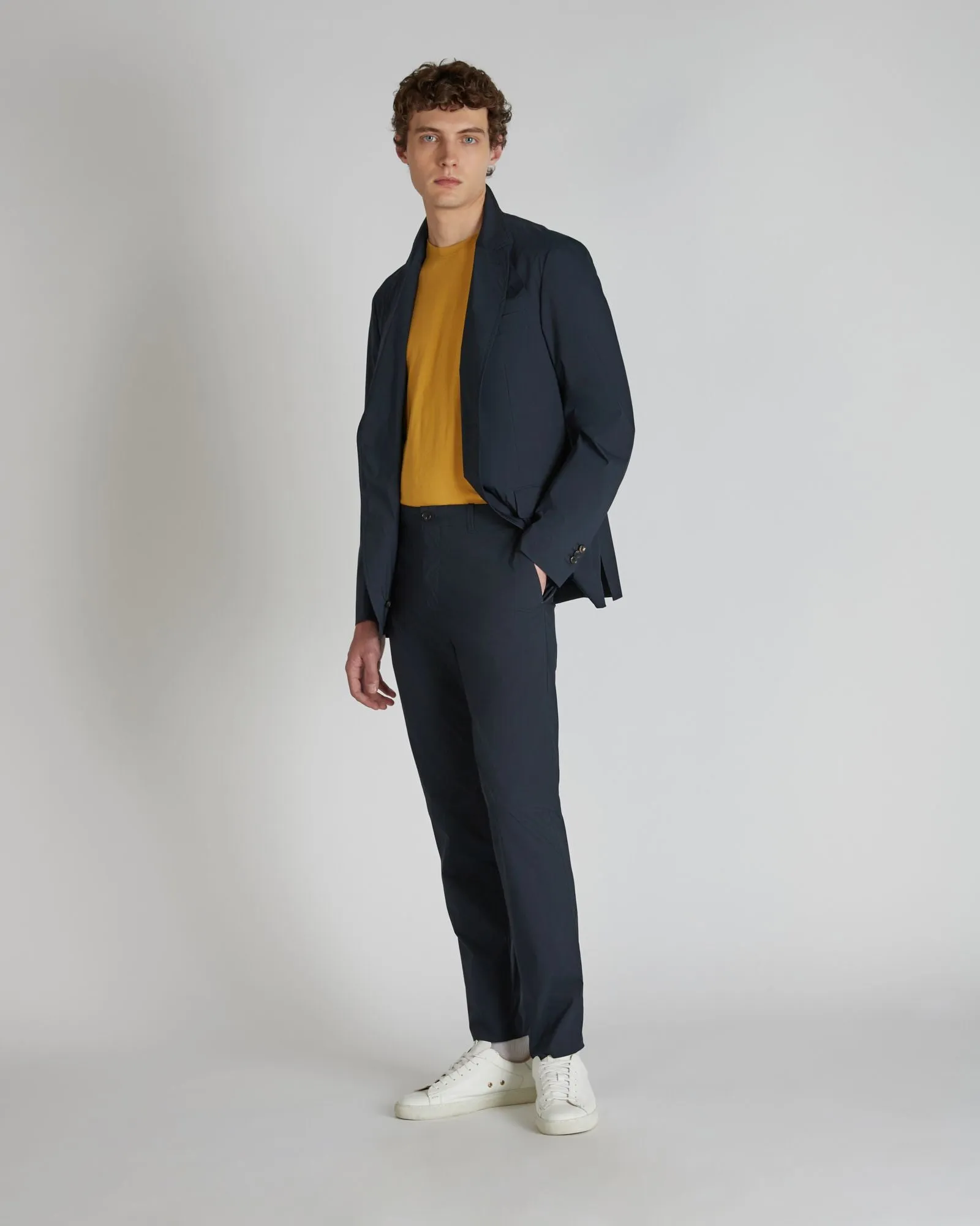 Technical fabric and cotton slim-fit trousers