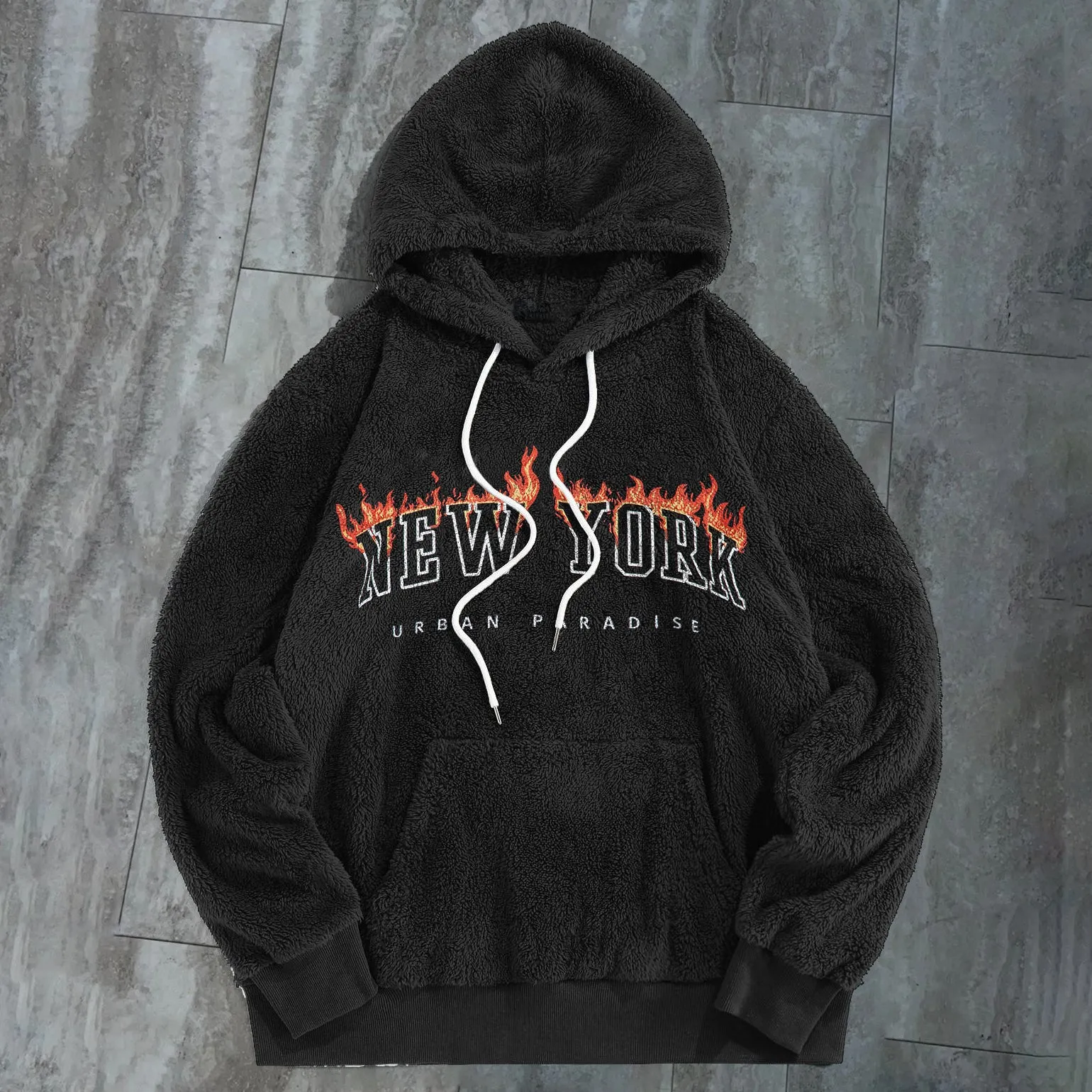 Vintage Trend New York Print Plush Hoodies
