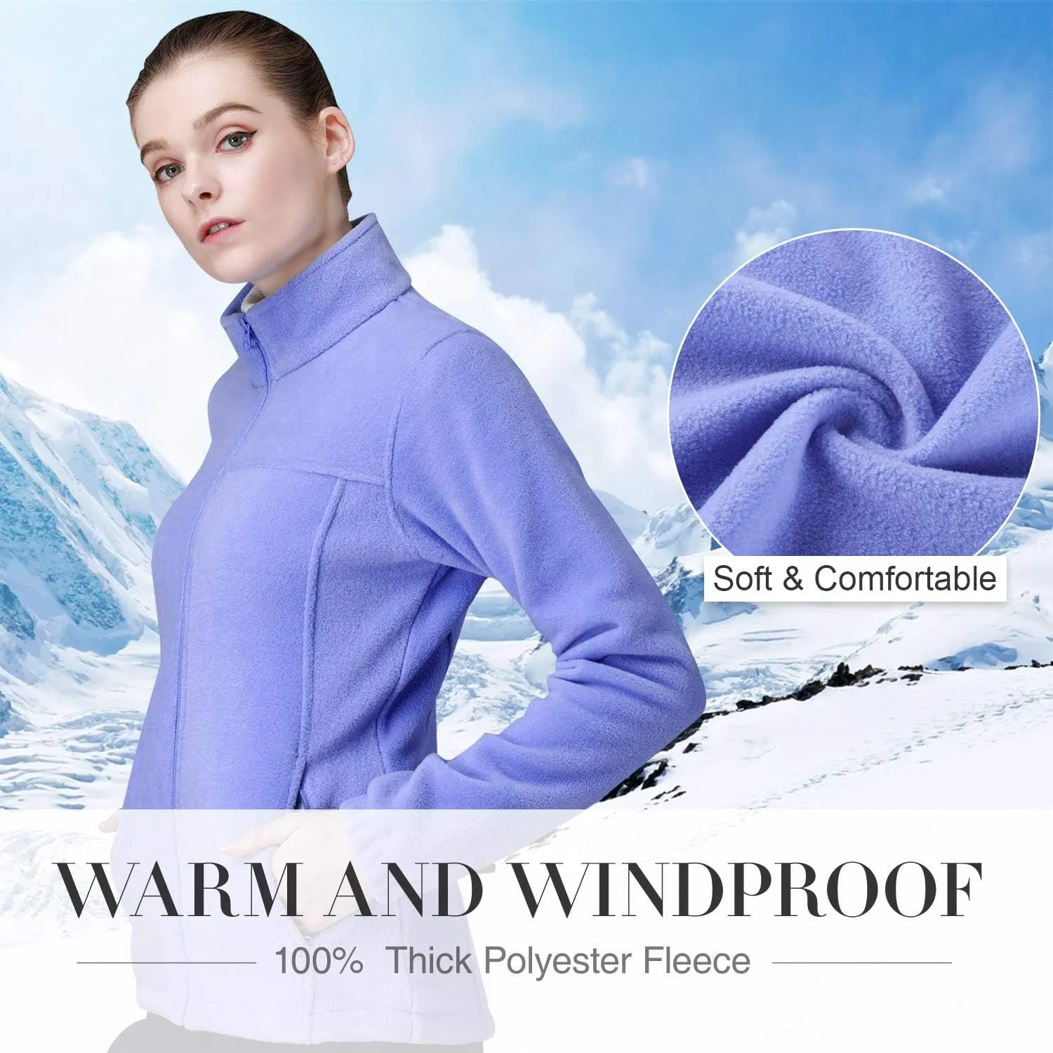 Wholesale Women's Full Zip Thermal Jackets With Pockets Soft Polar Fleece Coat - Blue