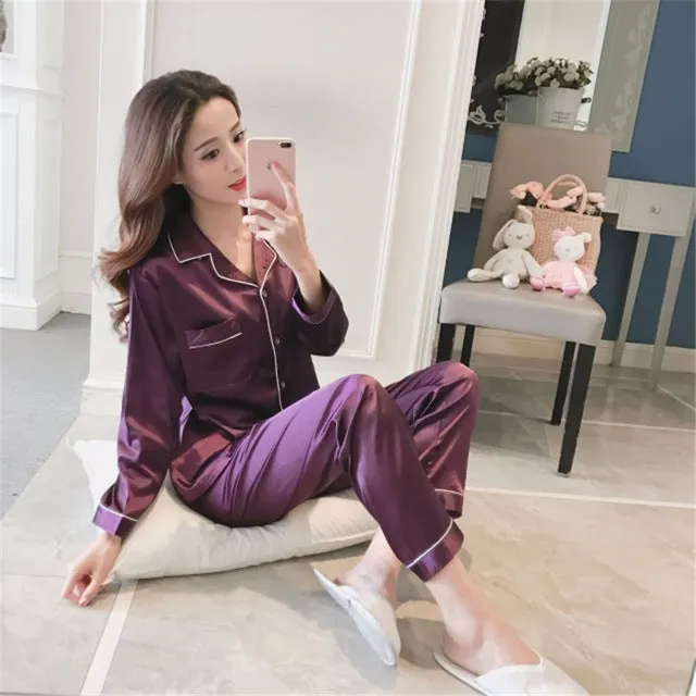 Womens Silk Satin Pajamas Pyjamas Set Long Sleeve Sleepwear Pijama Pajamas Suit Female Sleep Two Piece Set Loungewear Plus Size