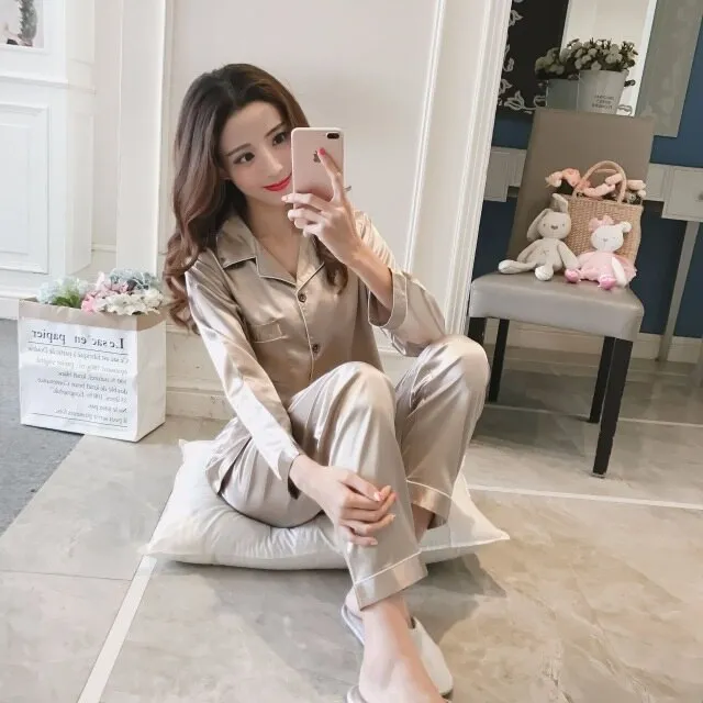 Womens Silk Satin Pajamas Pyjamas Set Long Sleeve Sleepwear Pijama Pajamas Suit Female Sleep Two Piece Set Loungewear Plus Size