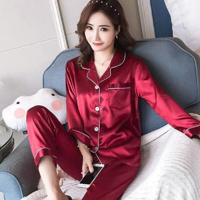 Womens Silk Satin Pajamas Pyjamas Set Long Sleeve Sleepwear Pijama Pajamas Suit Female Sleep Two Piece Set Loungewear Plus Size
