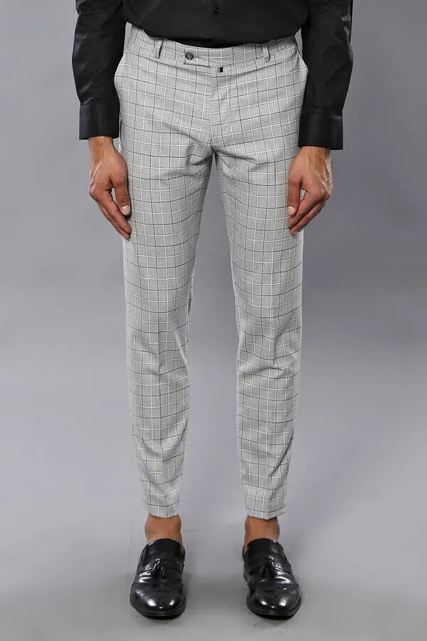 WSS Plaid Slim-Fit Light Grey Men Trousers  - Singen