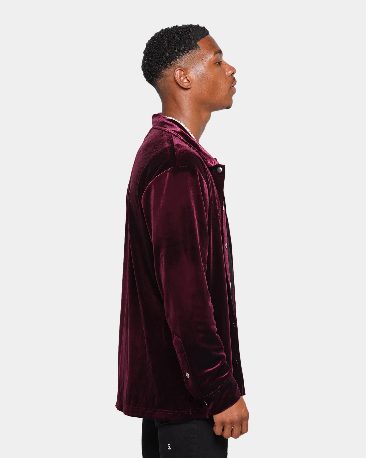 XXIII Uzair Velour Button Up Shirt Burgundy