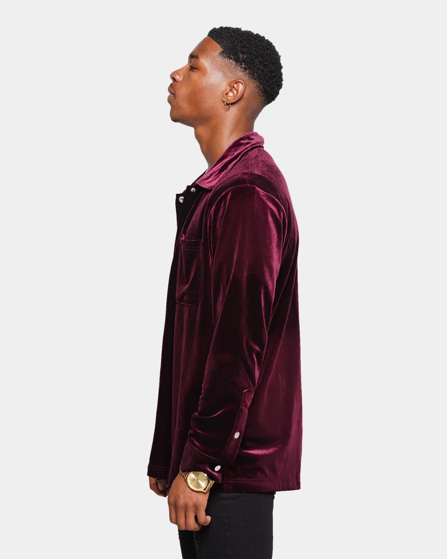 XXIII Uzair Velour Button Up Shirt Burgundy