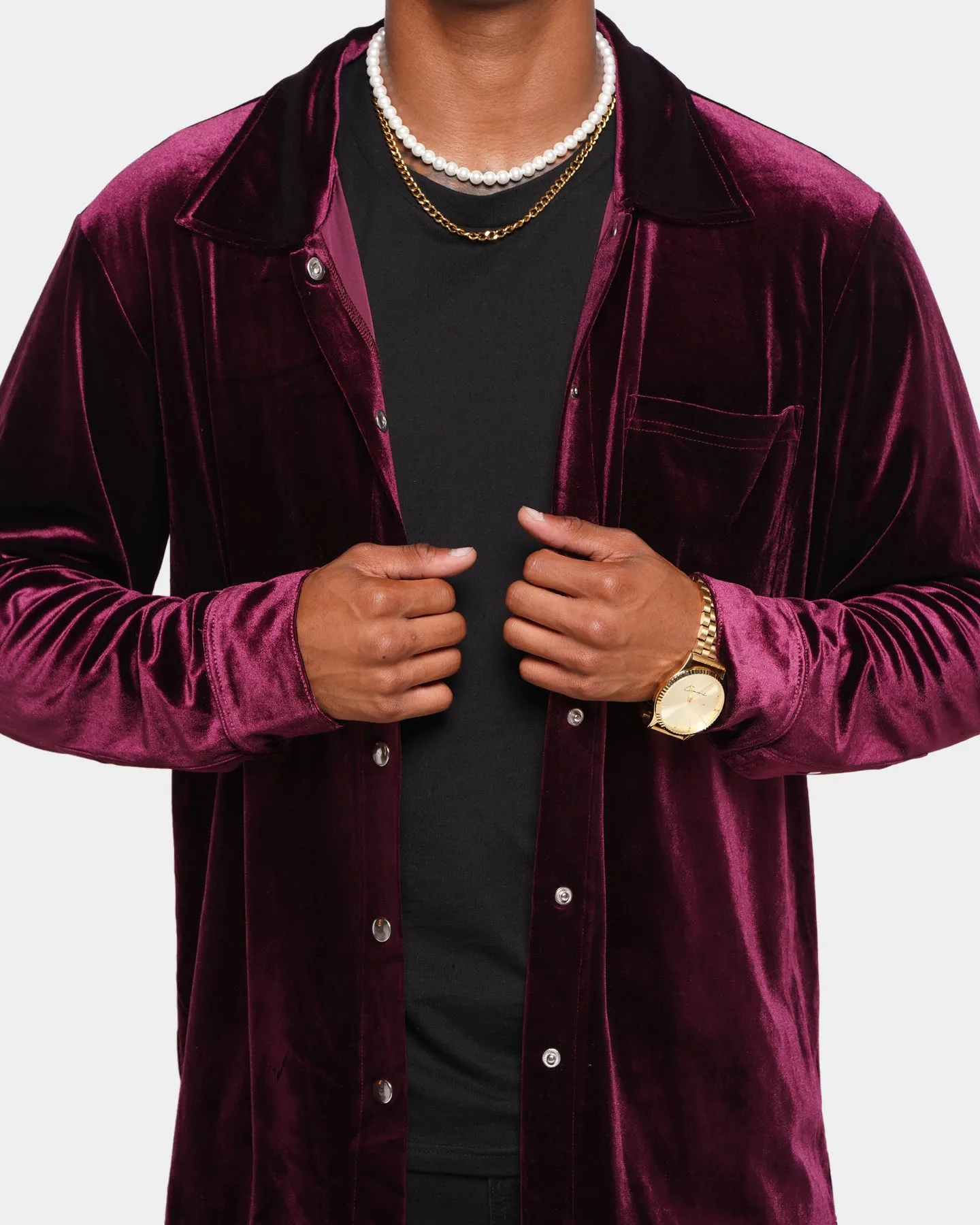 XXIII Uzair Velour Button Up Shirt Burgundy